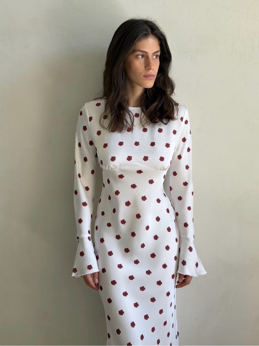 White satin Long-Sleeve Dress with Red Floral Dot Print